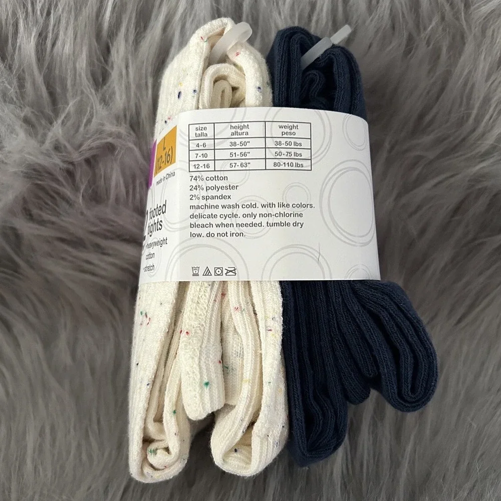 Wonder Nation Footed Tights Girls Size Large 2 Pack White Blue Dress Bottoms NEW